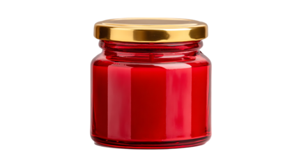Holiday-themed candle in red glass jar with golden lid placed upright isolates on white background.