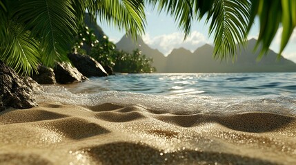 Tropical beach scene with soft waves lapping onto golden sand. Lush palm trees frame the scene