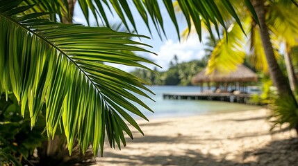 Tropical paradise scene with lush palm leaves framing a tranquil beach