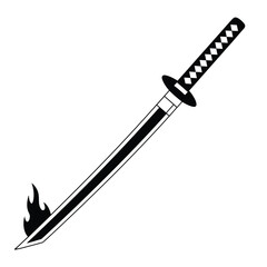 Black and White Katana Sword with Flames Vector Illustration Design