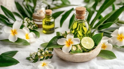 Tropical spa oils, flowers, and lime slices on a light background. Small bottles of oil, plumeria blossoms, lime wedges, and leaves arranged