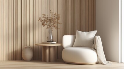 Modern living room corner with plush armchair and wooden side table, elegant home decor with a cozy ambiance.