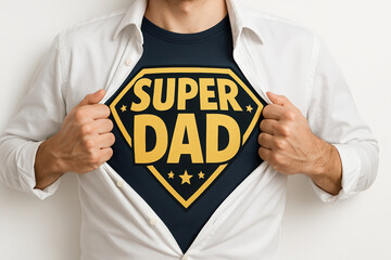 Super Dad Hero Unveiling Shirt with White Button Down for Father's Day Gift Idea in Studio Setting