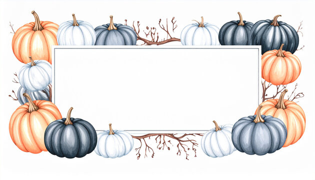 Watercolor frame with orange, white, and black pumpkins and dry branches, perfect for autumn or Halloween themes with hand drawn rectangular border and festive seasonal mood