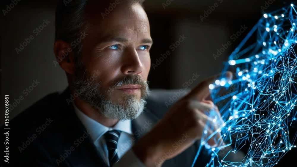 Aufkleber digital exploration: a seasoned professional in formal attire intently studies a complex network, th