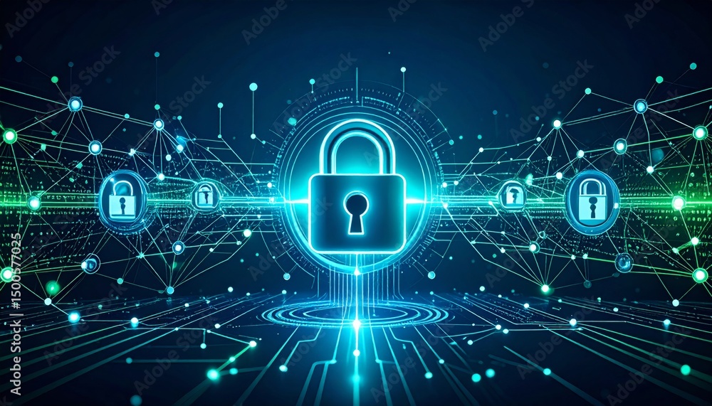 Poster abstract illustration of vpn encryption digital padlocks connected across a glowing network, symboli