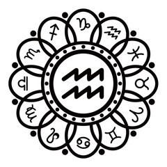 The AQUARIUS zodiac symbol is black with a twelve-petal flower frame and there are other zodiac signs on each petal.

