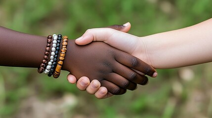 Two children's hands shake, symbolizing friendship and unity, with colorful beaded bracelets