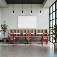 Modern Cafe Interior with Booth Seating and Red Chairs
