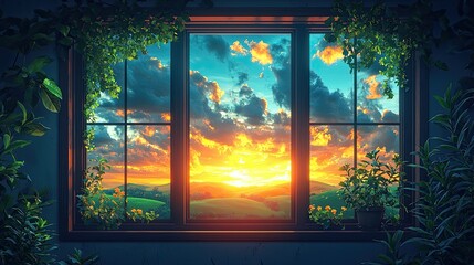 Breathtaking Sunset Framed by Lush Foliage in Window