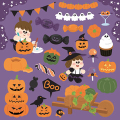 Adorable Halloween illustration with pumpkins, characters, and candy