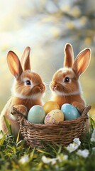 Easter rabbits with eggs in basket