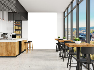 Free PNG wallpaper mockup in Coffee Shop Interior Design, Modern Cafe Interior with City View, 3D rendering