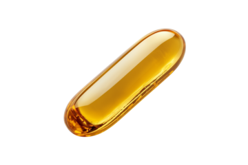 Single amber gel capsule isolated on transparent background