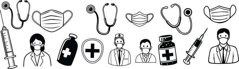 black and white abstract background, set of medical icons, Medicine and Health flat icons. 