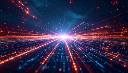 Bright glowing network lines representing high-speed data transfer in the cloud, with vibrant purple, blue, and orange light trails converging toward a central point, symbolizing digital connectivity.