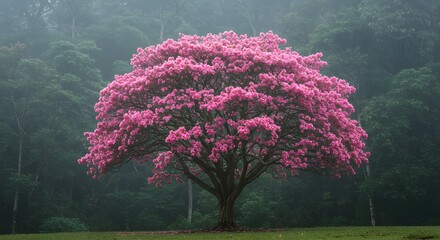 Enchanted Pink Tree in Misty Forest A Breathtaking Nature Photography