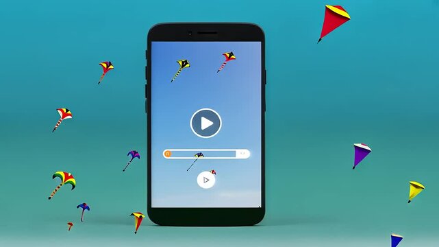 Smartphone displaying a video player interface with colorful kites flying in a clear sky