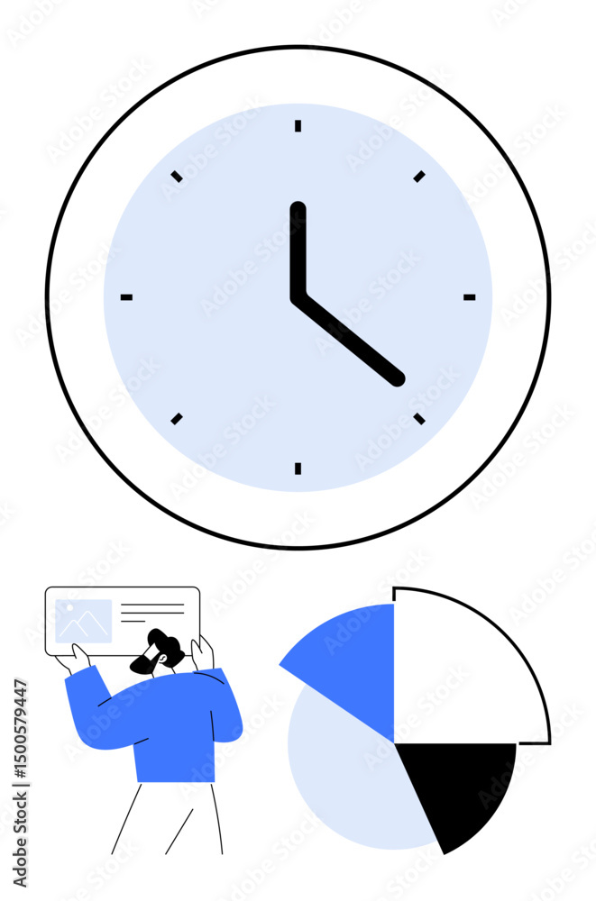 Poster large clock above a segmented pie chart and a person reviewing data on a screen. ideal for productiv