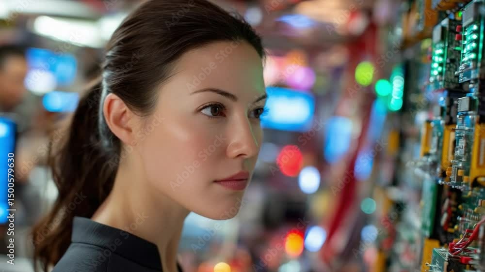 Poster tech savvy gaze: a focused woman gazes intently at a complex array of circuits and technology, her f