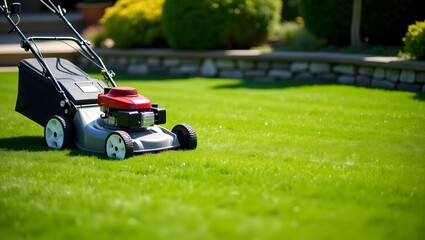 Lawn Mower Cutting Green Grass on a Bright Sunny Day in Backyard Garden, mowing lawn