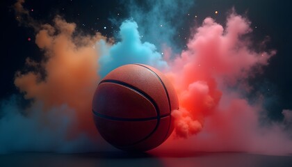 Fototapeta premium Basketball surrounded by colorful smoke clouds
