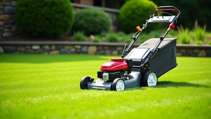 Lawn Mower Cutting Green Grass on a Bright Sunny Day in Backyard Garden, mowing lawn