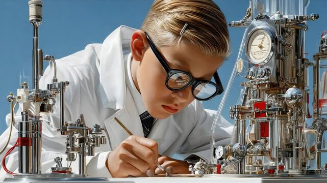 Young Scientist at Work: A determined young scientist, clad in a lab coat and glasses, meticulously examines intricate scientific apparatuses.