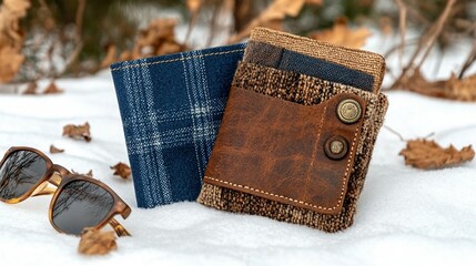 Two wallets, one denim, one brown leather, on snow with sunglasses