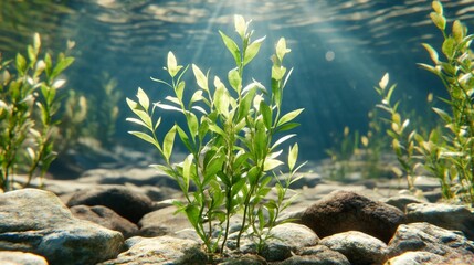 Underwater aquatic plants growing on rocks, sunlit