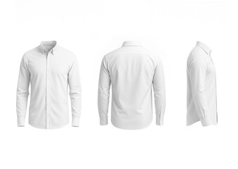 Camisa clásica blanca para hombre, presentada en un conjunto de maquetas con vista frontal, posterior y lateral. Diseño aislado sobre fondo neutro, ideal para presentaciones comerciales 