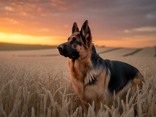 Serene german shepherd in golden field at sunrise, contemplative look, pastoral setting