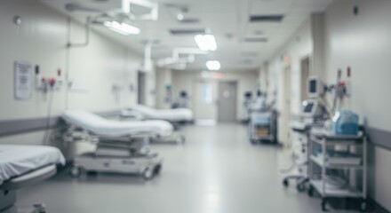 Photo Of Hospital Corridor With Beds Equipment And Lights In Blurred Background