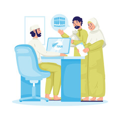 Muslim family registration at Hajj travel agency vector illustration