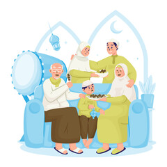 Happy Muslim family celebrating Eid al-Adha vector illustration
