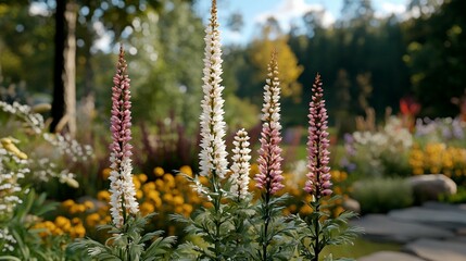 Vibrant flower garden with tall, slender, colorful blooms in a park setting