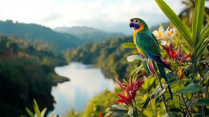 Vibrant parrot perched amidst lush tropical foliage overlooking a serene lake