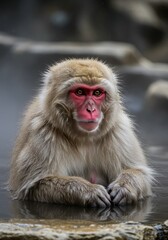 Obraz premium Photo Of Japanese Macaque Snow Monkey in Hot Water Portrait View