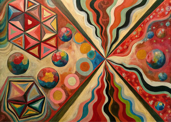 Metaphysical symbolism,
Consciousness expansion art,
Planet-like spheres,
Polyhedron shapes,
Modern psychedelic art,
1970s art revival,
New age art style,
Futurism abstract,
Op art,
Visionary realism,