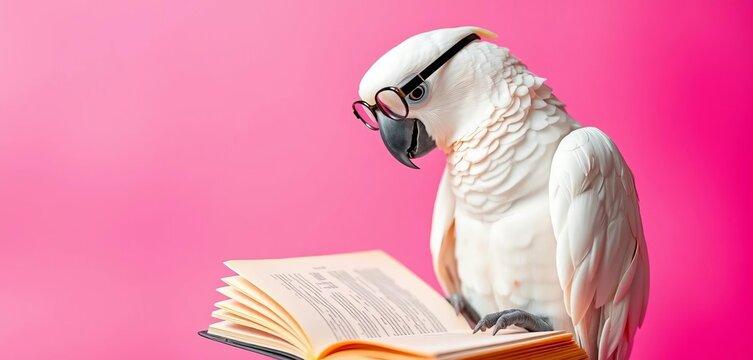 White parrot in glasses, reading a book on a pink background, vibrant, school