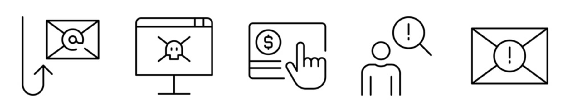 Conjunto de iconos de phishing. Ciberataques, fraudes y alertas digitales. Anzuelo digital, amenaza en pantalla, robo de datos, an&aacute;lisis sospechoso, correo fraudulento. Ilustraci&oacute;n vectorial