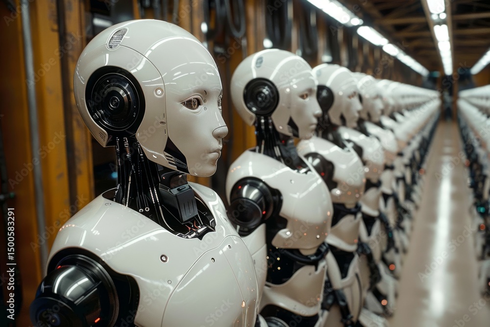 Poster mass production of humanoid robots in a futuristic factory setting under controlled conditions