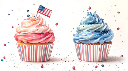 Patriotic cupcake with red white and blue frosting, American flag topper and star sprinkles.