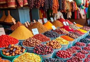 Vibrant spices and dates displayed on an Arab street market stall,  traditional market,  produce