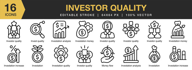 Investor Quality icon set. Editable Stroke Icon Collection. Includes investor, business, investment, quality, financial, management, and More. Outline icons vector collection.