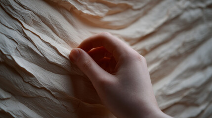 A detailed photograph showing a hand gently interacting with beige textured material, evoking sensory connections, exploration, and natural, intricate aesthetics