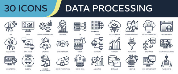 Collection of Data Processing icons, related to database, server, cloud service, data visualization, cloud computing and more. Outline icons vector illustation.