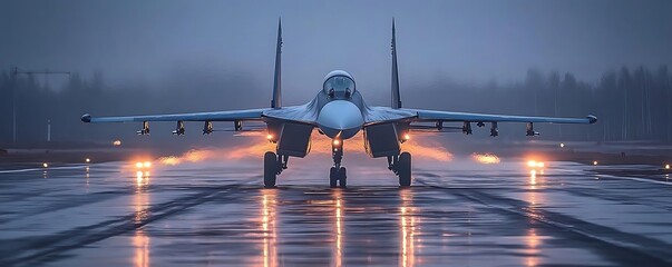 Fighter jet taxiing, foggy dawn (1)