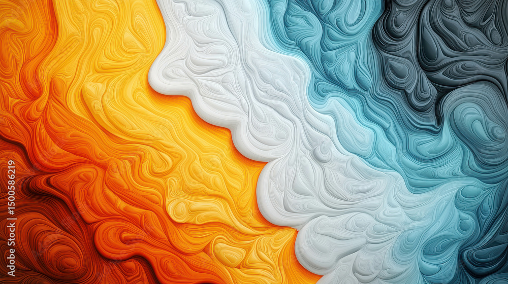 Poster vibrant abstract swirls of orange, white, turquoise and black in dynamic flowing patterns that creat