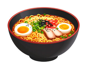 Delicious Ramen Noodles in Black Bowl 3D Vector Illustration